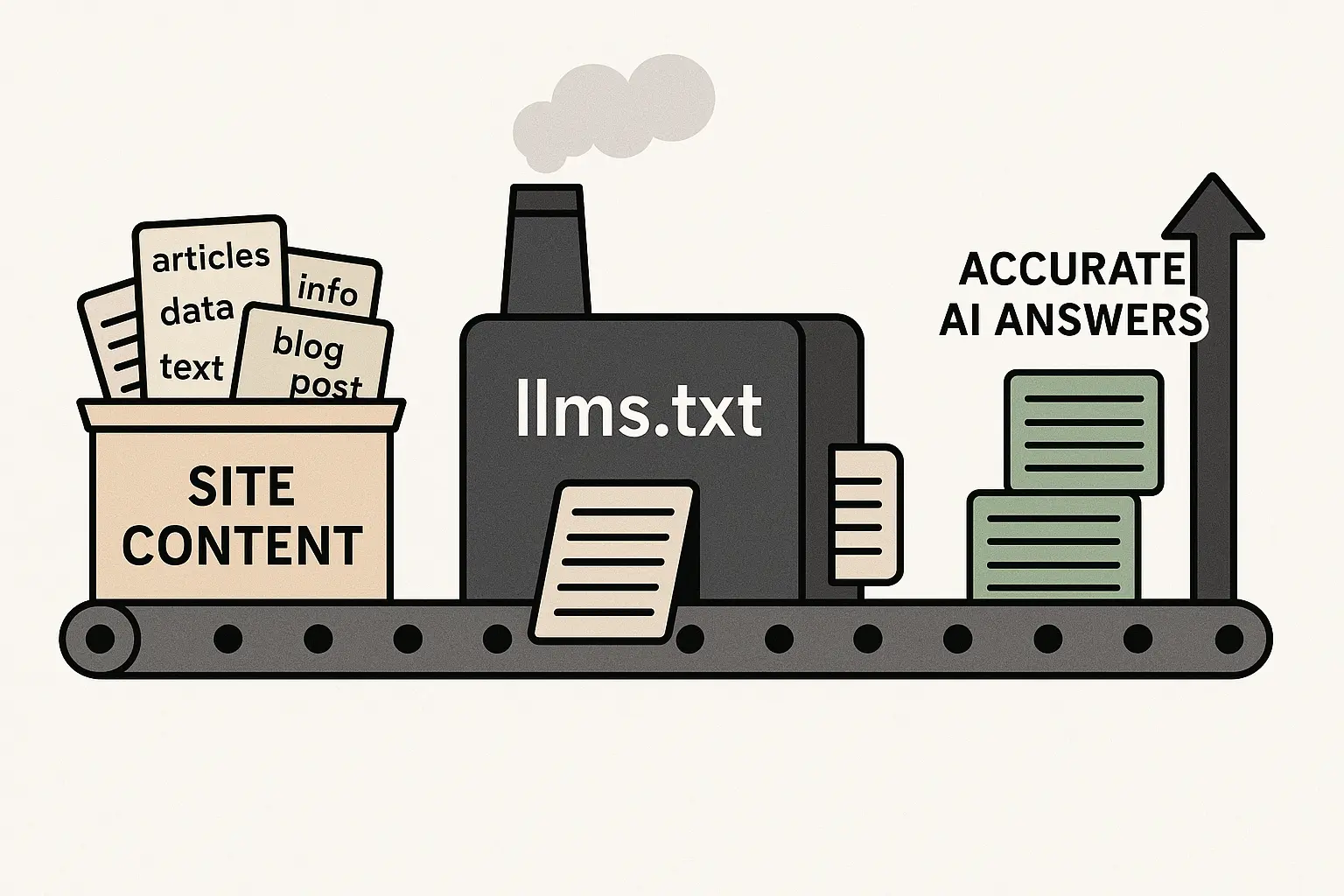 llms.txt factory infographic showing how site content gets processed into clean, AI-friendly format